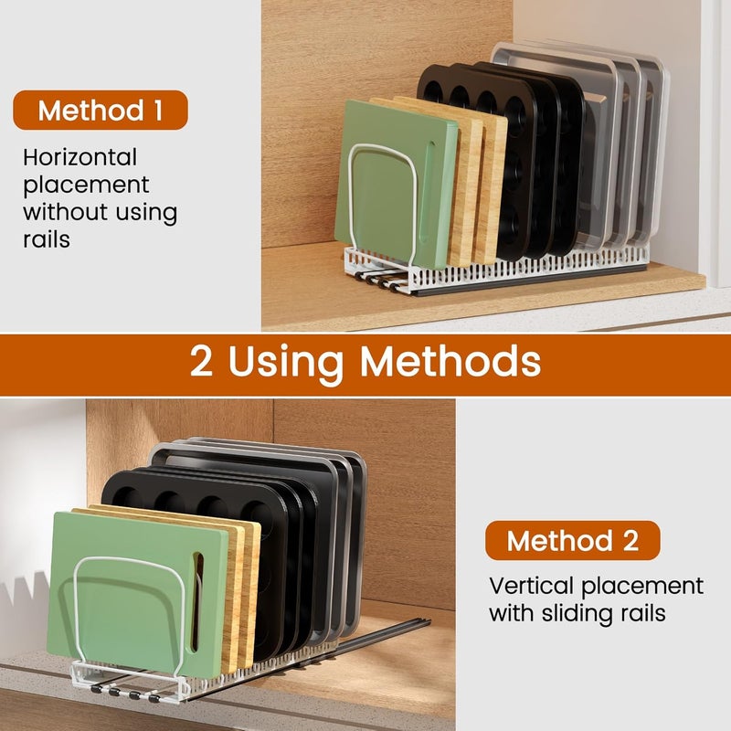 Housolution 2 Pack Baking Tray and Cookie Sheet Organizer, Cutting Board Organizer with 2 Using Methods, Bakeware Muffin Tin Storage Rack with 10 Adjustable Dividers for Cabinet, White - Image 2